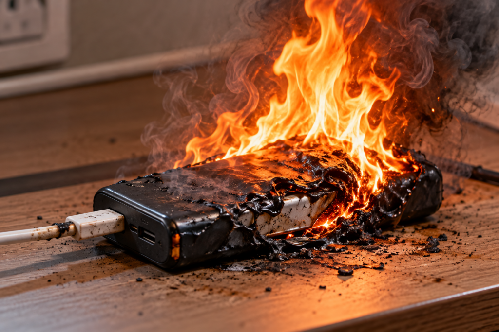発火して燃え上がるモバイルバッテリー（リチウムイオン電池火災のイメージ）
